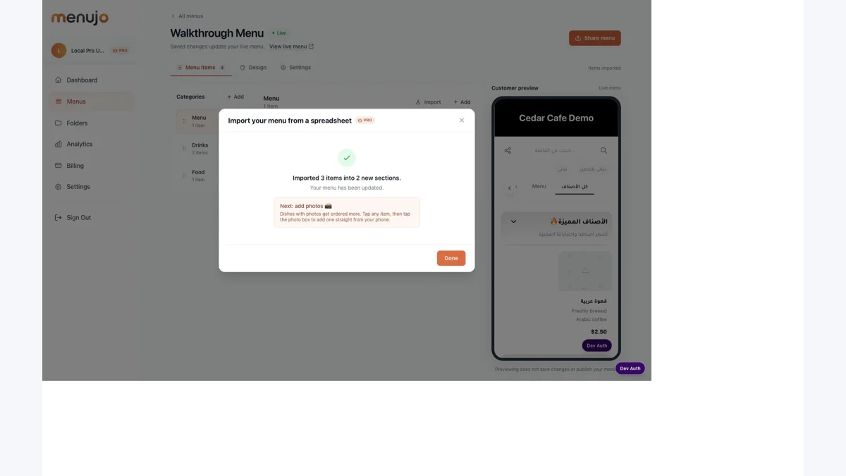 Actual local success message confirming three imported items in two new sections