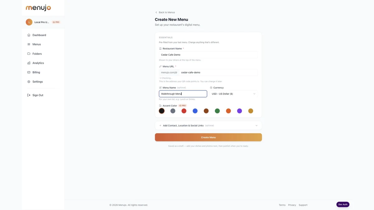 Create New Menu with fictional Cedar Cafe Demo details
