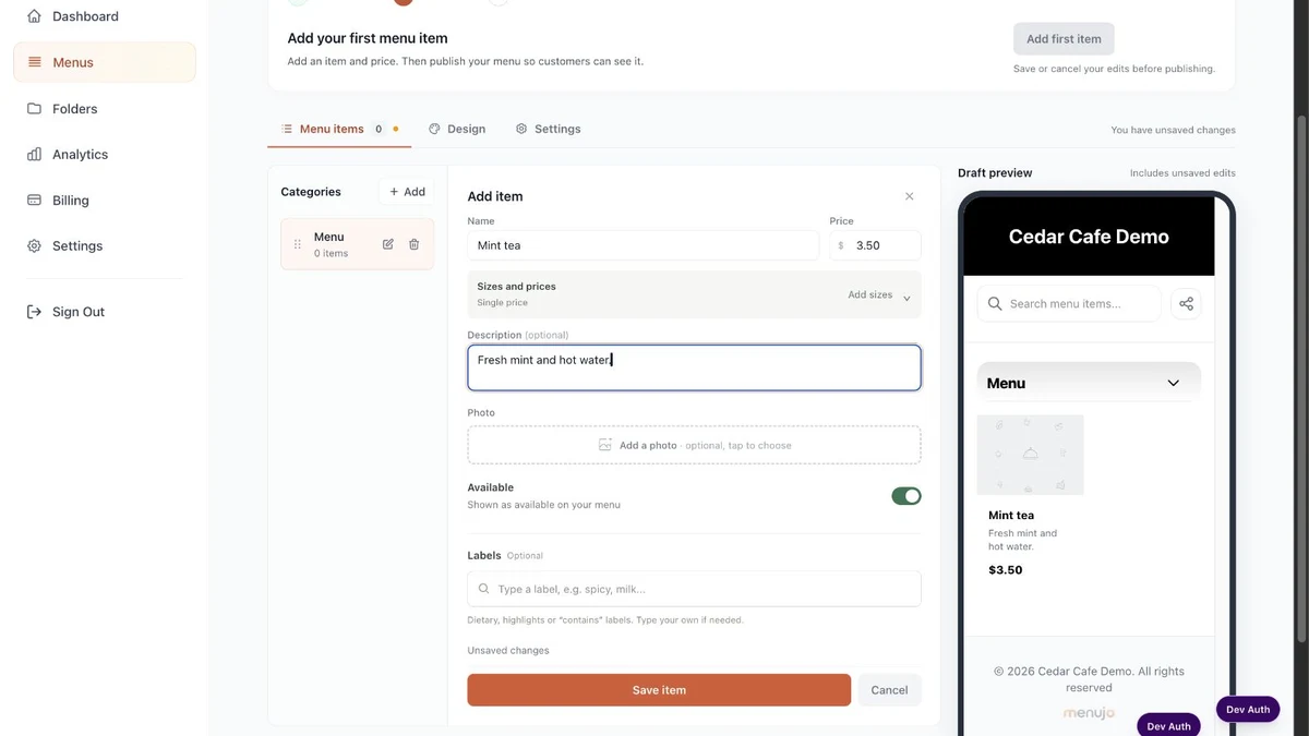 Add item editor showing Mint tea, description and a 3.50 USD price