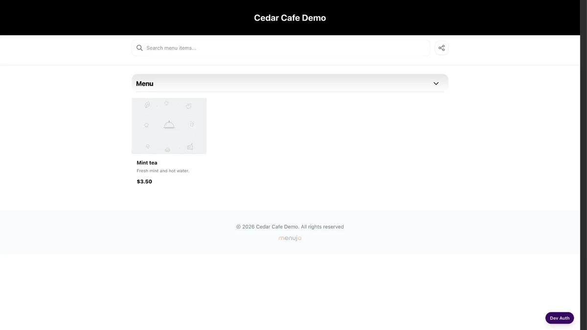 Local guest view of the fictional Cedar Cafe Demo menu